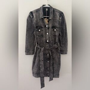 Js71 Brand Black Acid Wash Denim Dress Button Front Puff Sleeve NWT Size Medium